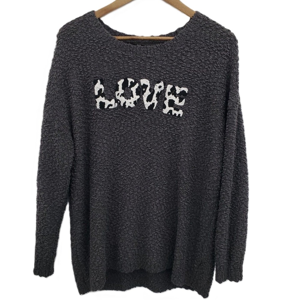 Torrid Womens L Gray Boucle Knit Love Graphic‎ Sweater Long Sleeve Cozy Pullover